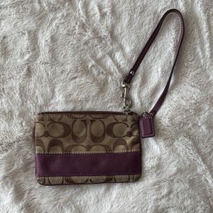 Coach Brown Signature Canvas Wristlet with Plum Trim
